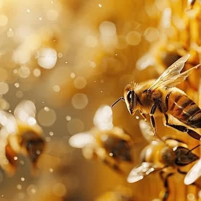 Honeybees working on golden honeycomb with warm bokeh background